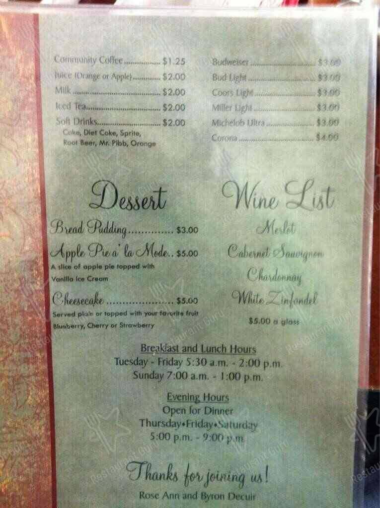 Menu at Teche Cafe, Loreauville
