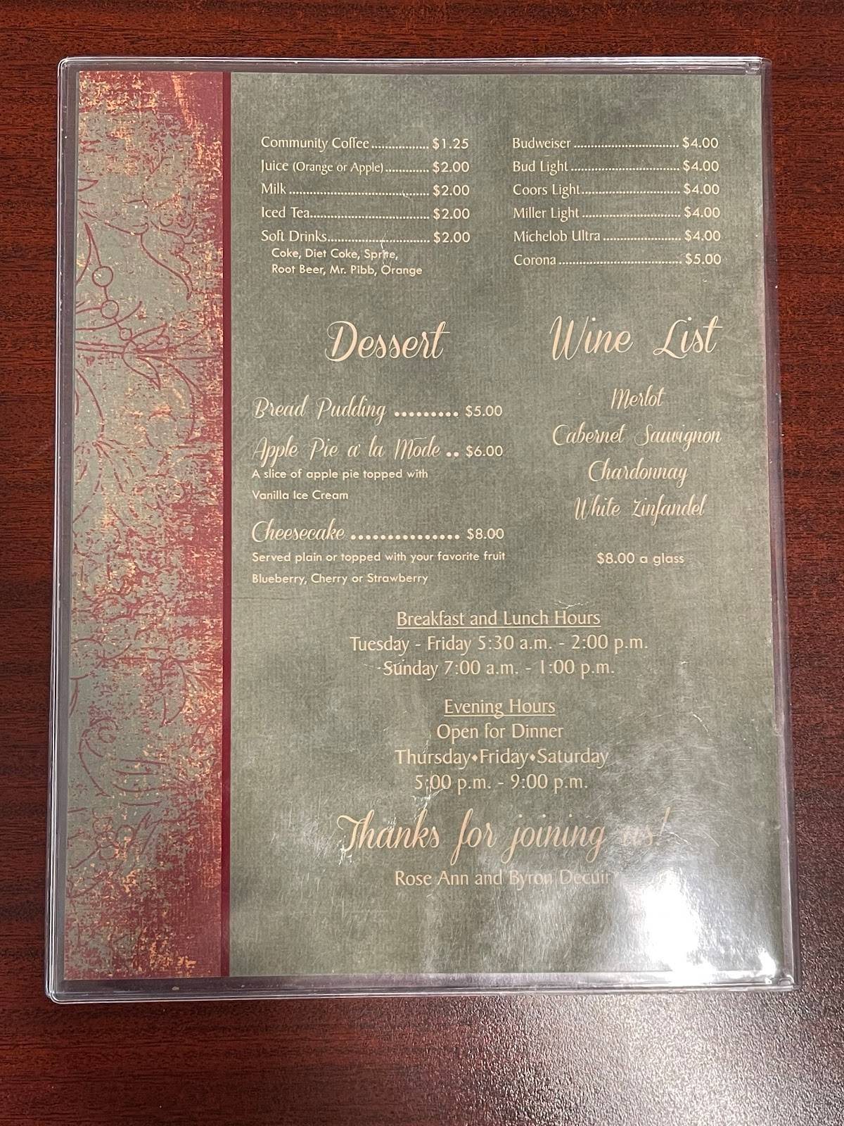 Menu at Teche Cafe, Loreauville