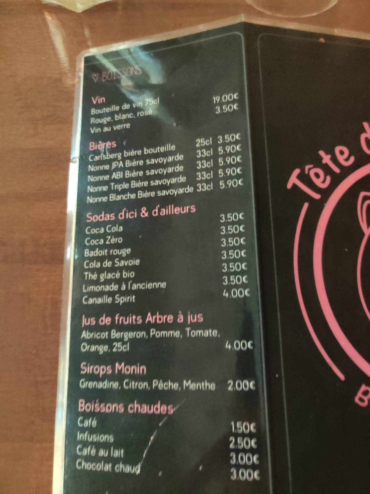 Menu au Tête de Cochon restaurant, Annecy