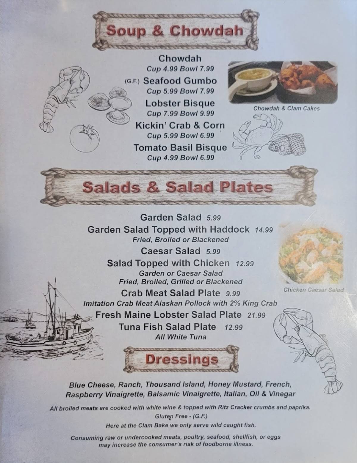 Menu at The Clam Bake restaurant, Fort Myers