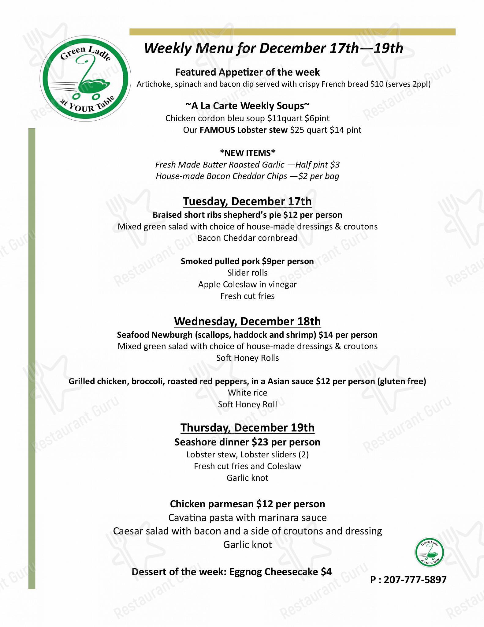 Menu at The Green Ladle restaurant, Lewiston