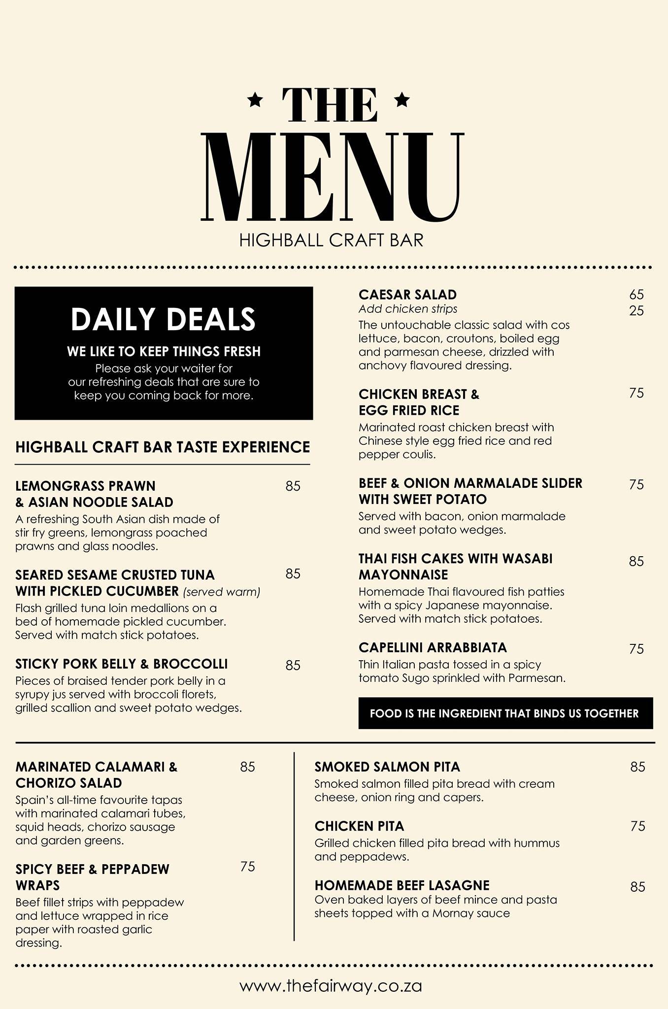 Menu at The Highball Craft Bar, Randburg