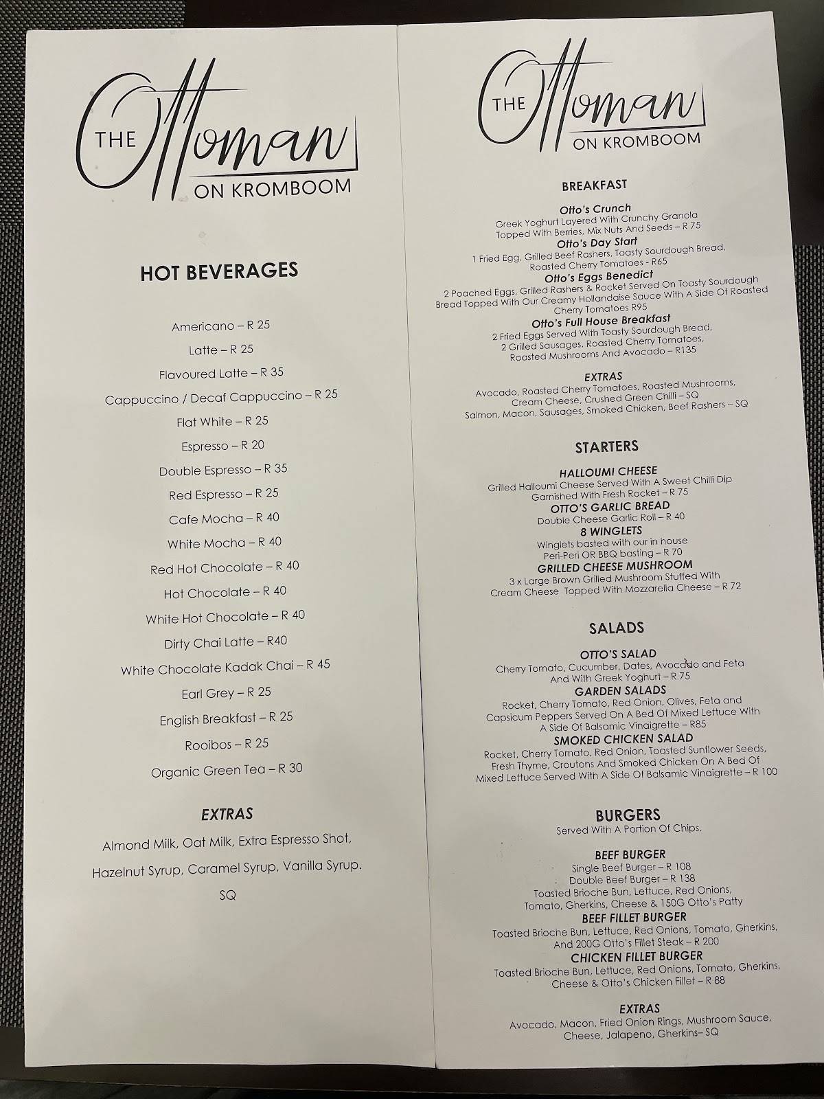 Menu at The Ottoman on Kromboom restaurant, Cape Town