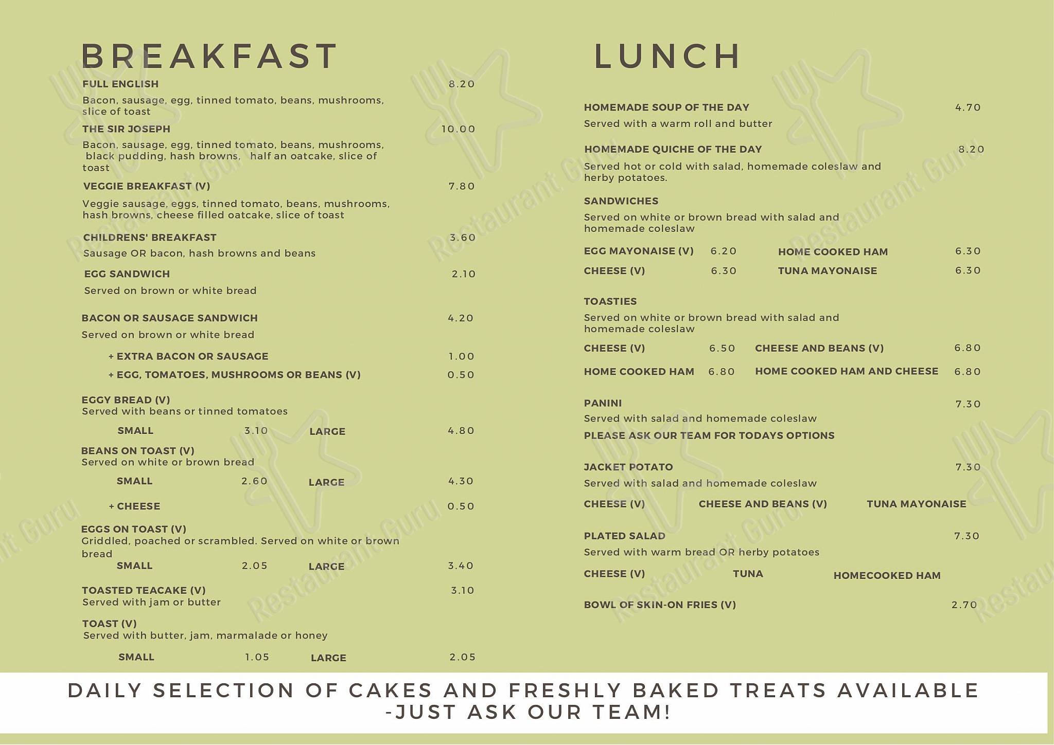 Menu at The Whitworth cafe, Darley Dale