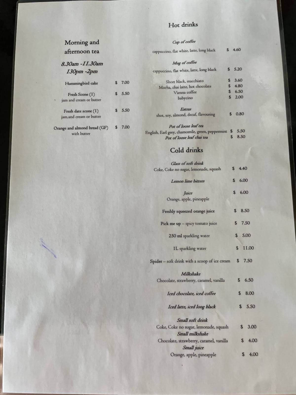 Menu at Trial Bay Kiosk restaurant, South West Rocks