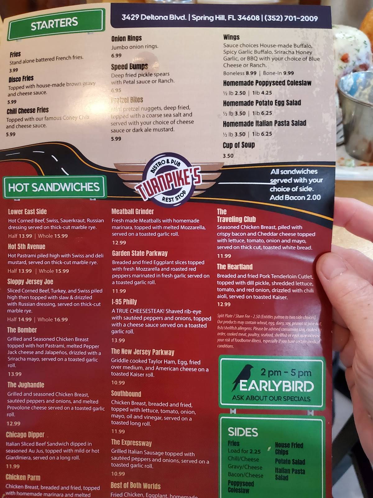 Menu at Turnpike’s Rest Stop restaurant, Spring Hill