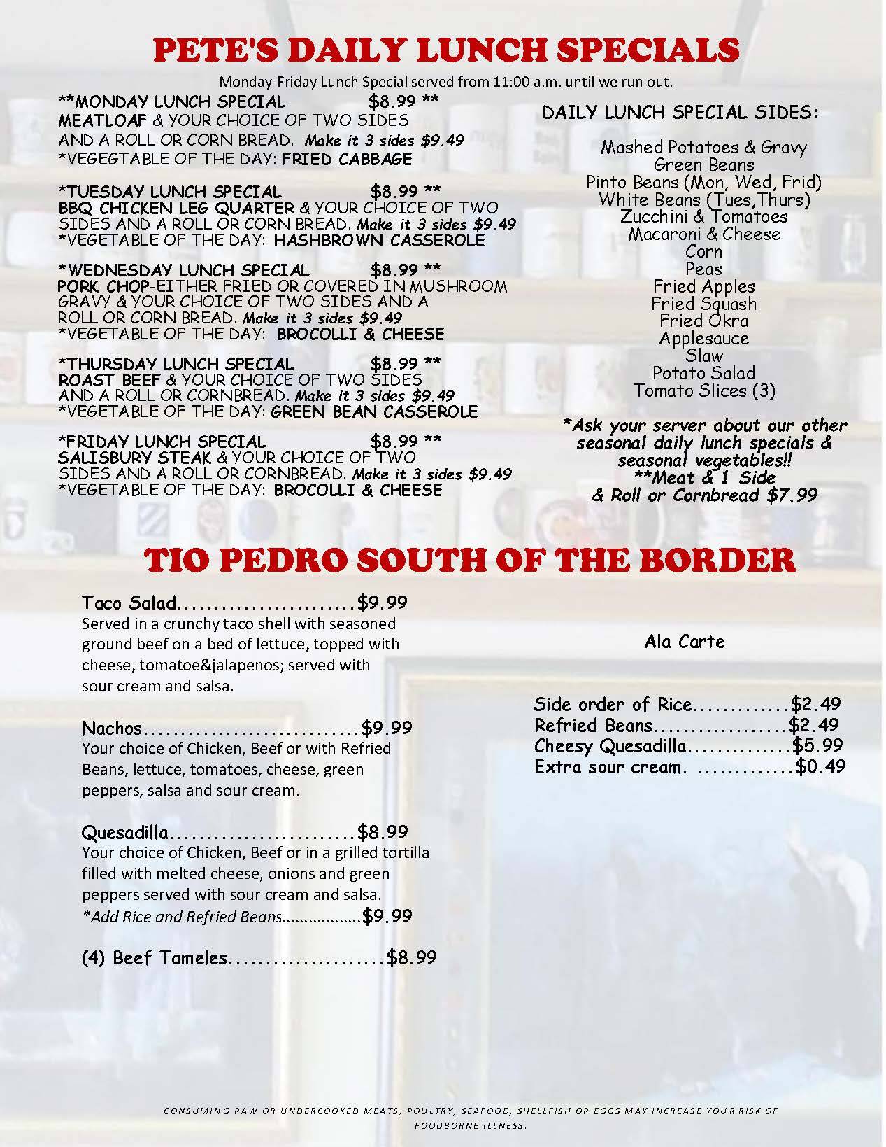 Menu at Uncle Pete's Truck Stop restaurant, Lebanon