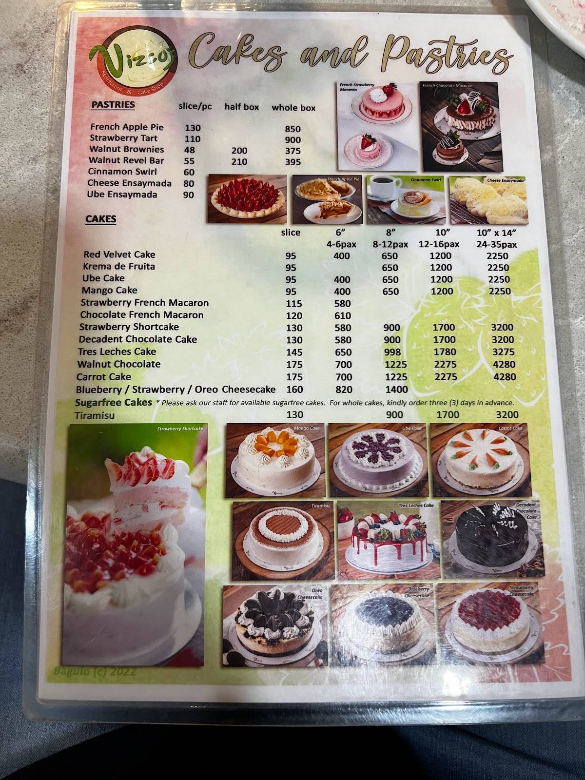 Menu at Vizco's Restaurant & Cake Shop, Baguio