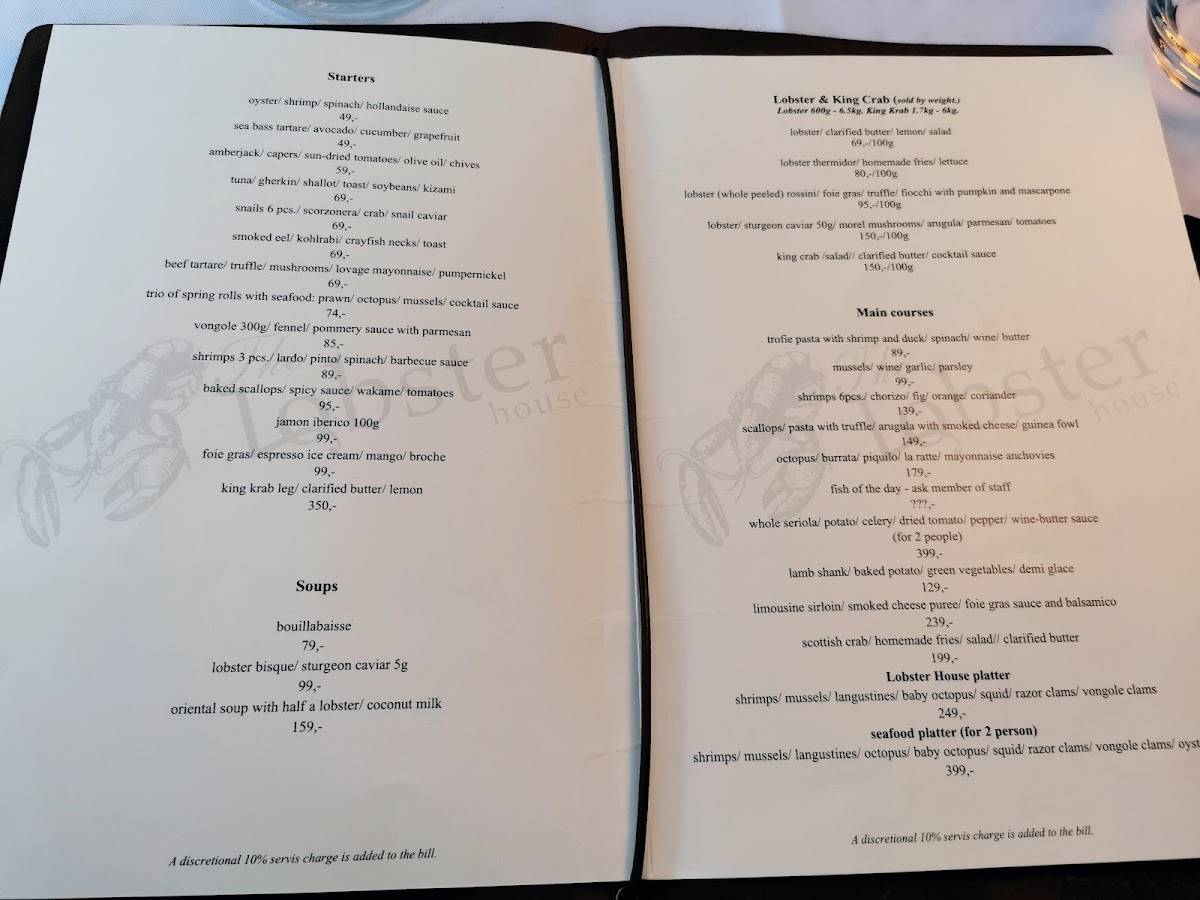 Menu at The Lobster House restaurant, Warsaw