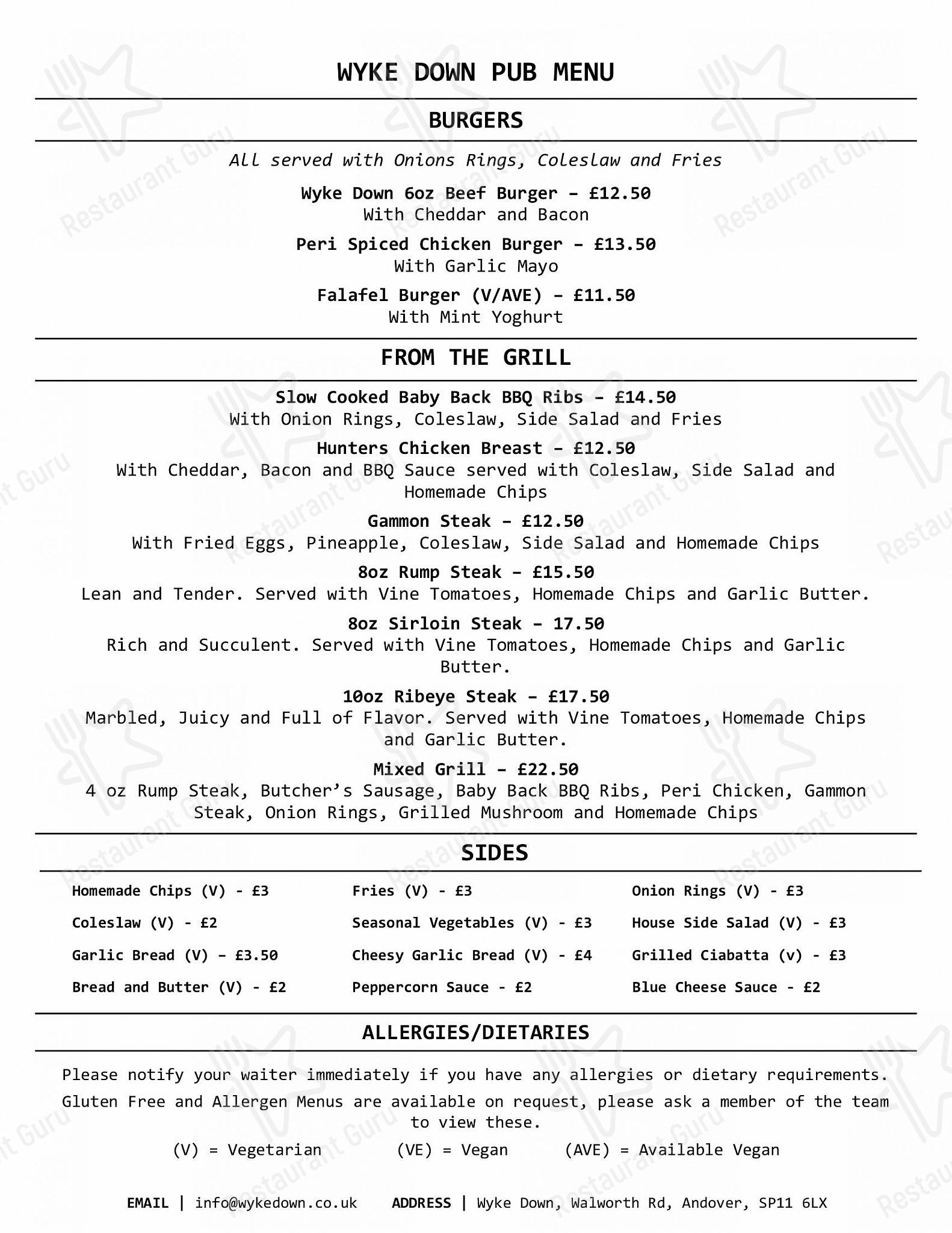 Menu at Wyke Down Country Pub & Restaurant, Andover