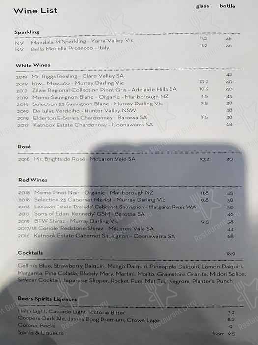 Menu at Cellinis Restaurant and Bar, Sydney, Queen Victoria Building
