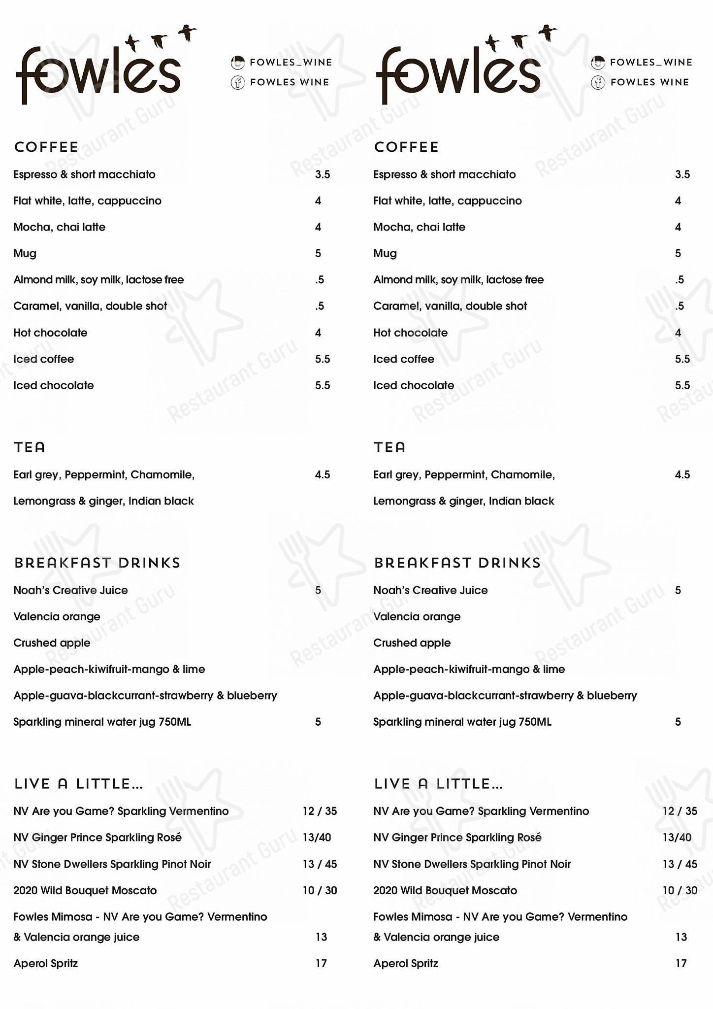 Menu at Fowles Wine cafe, Avenel