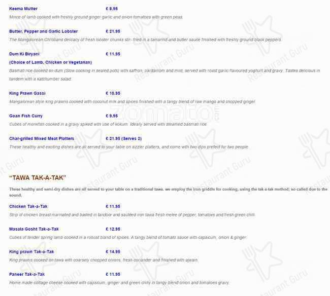 Menu at Blue Mango Indian Restaurant, Birmingham, Broad St