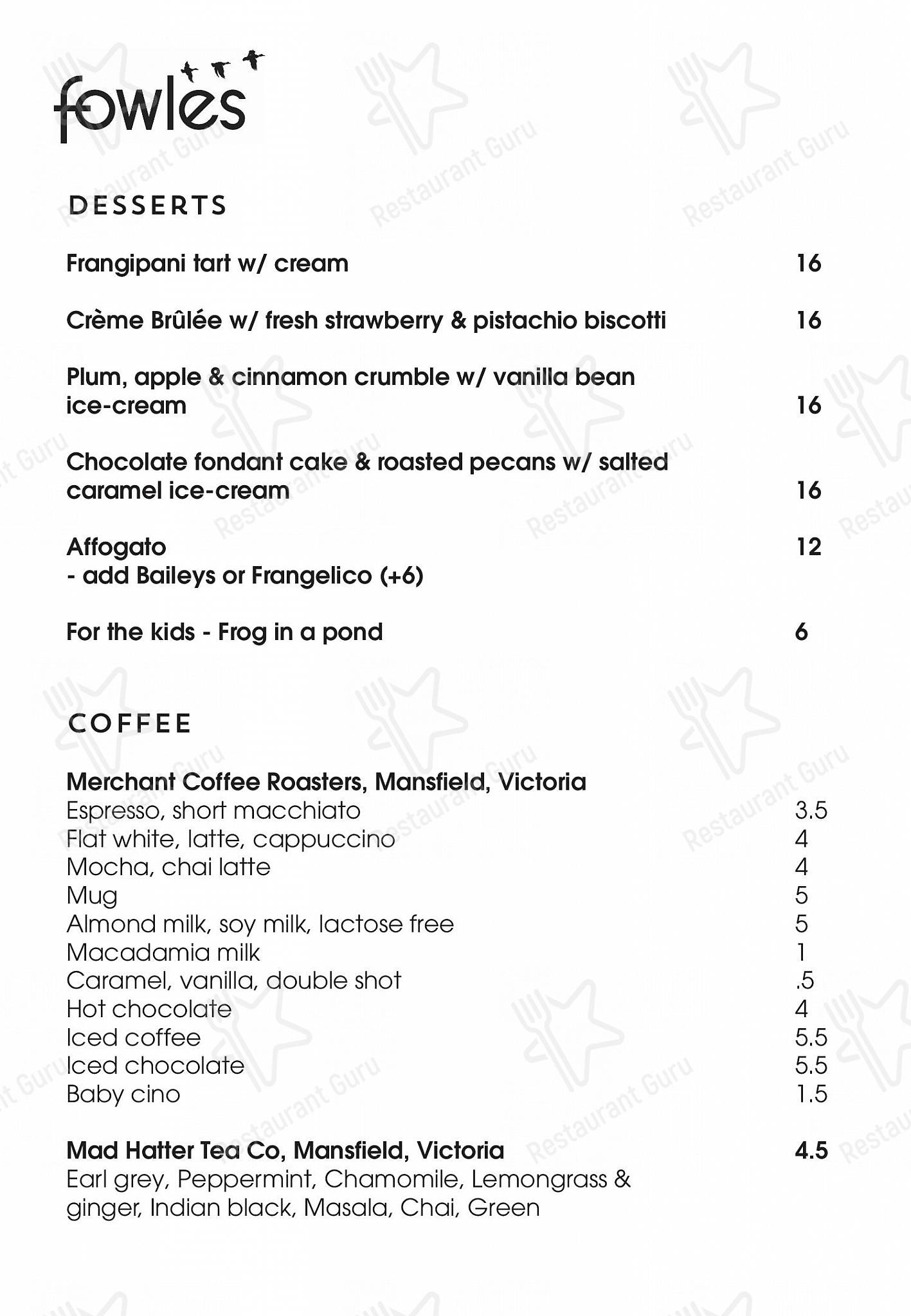 Menu at Fowles Wine cafe, Avenel