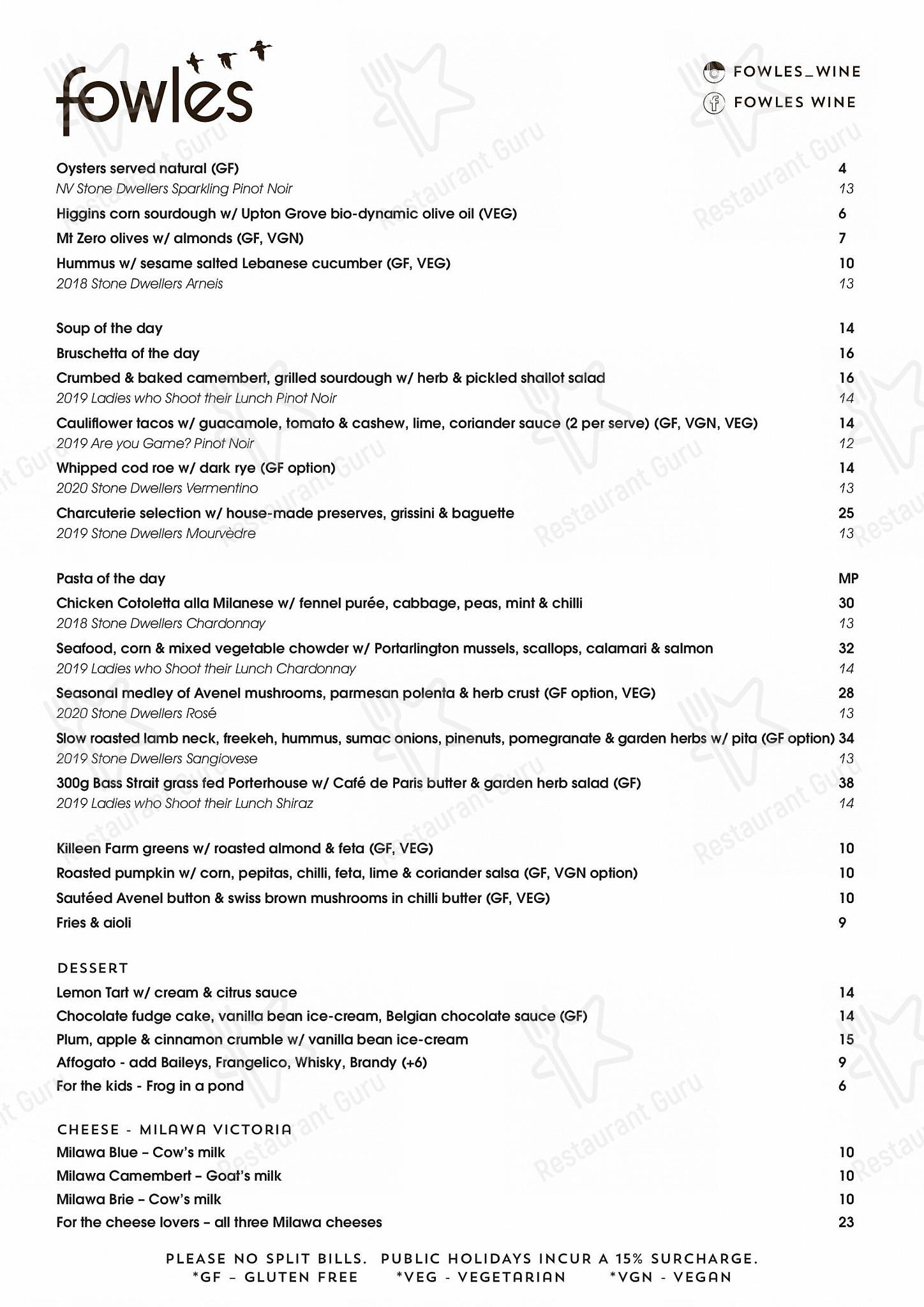 Menu at Fowles Wine cafe, Avenel