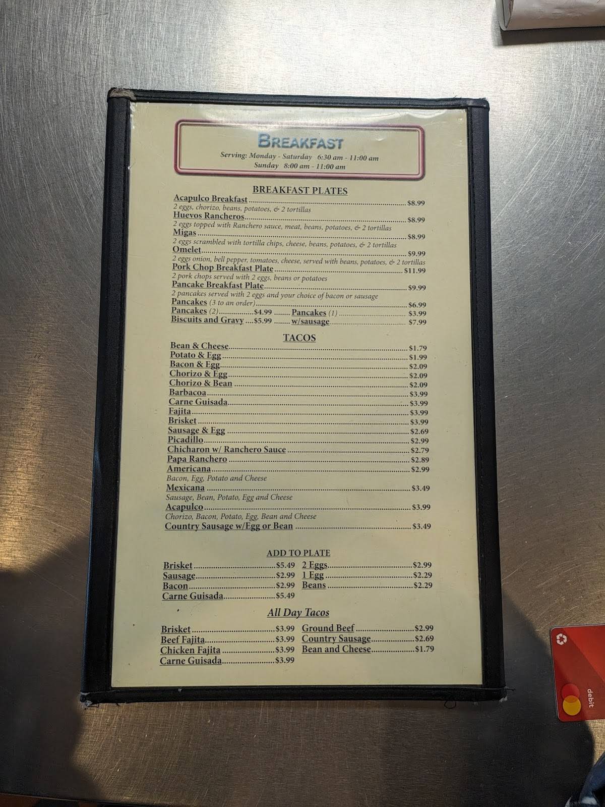 Menu at Acapulco Mexican Restaurant, Kerrville