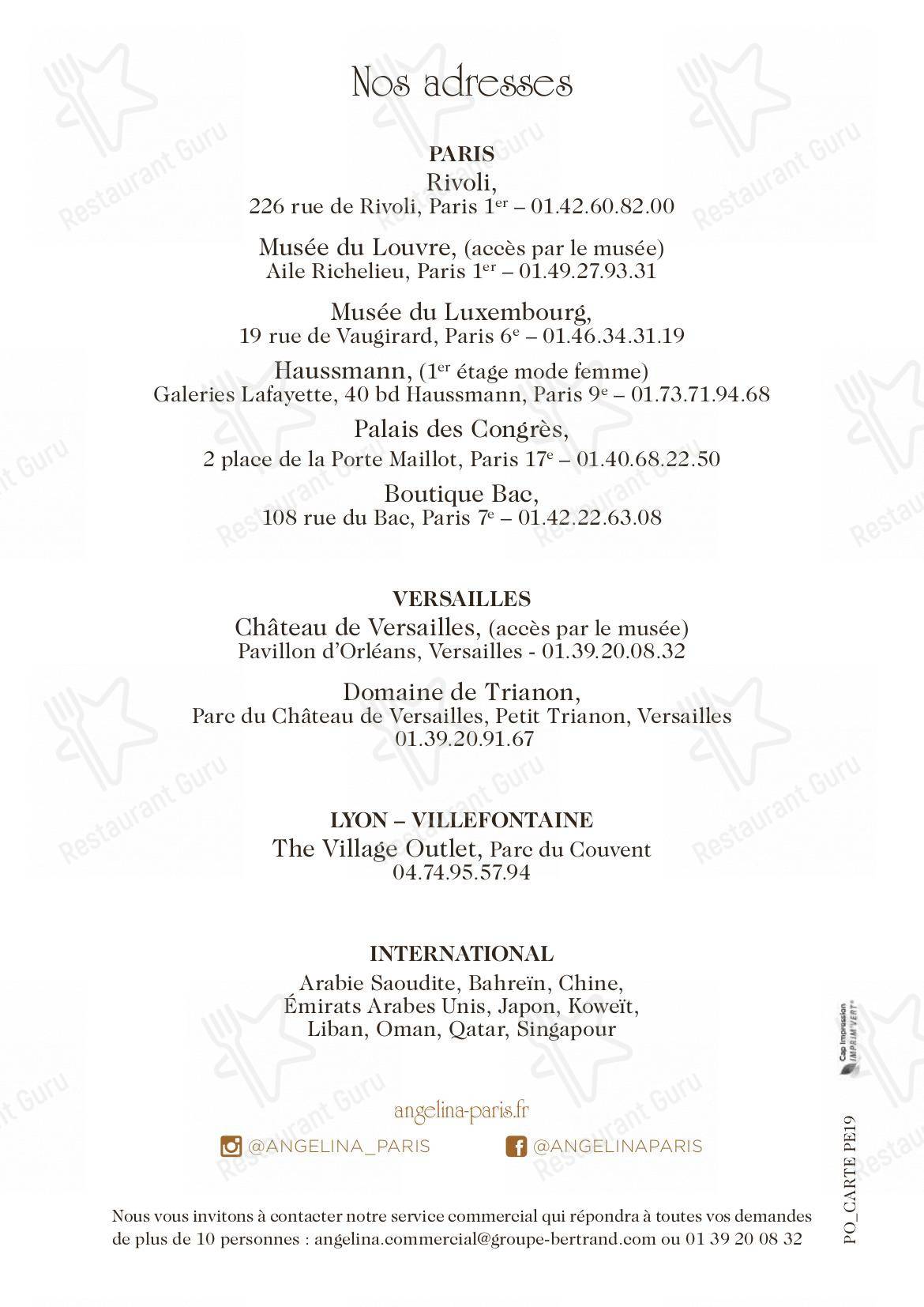 Menu au Angelina Paris restaurant, Versailles, Château de Versailles