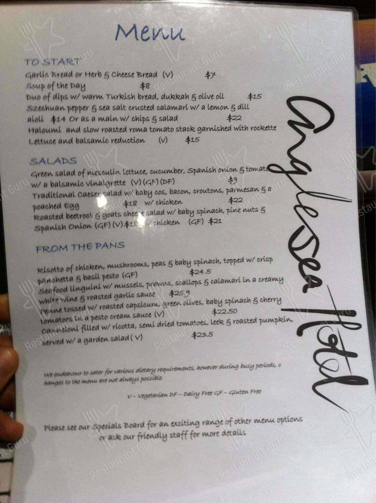 Menu at Anglesea Hotel restaurant, Anglesea