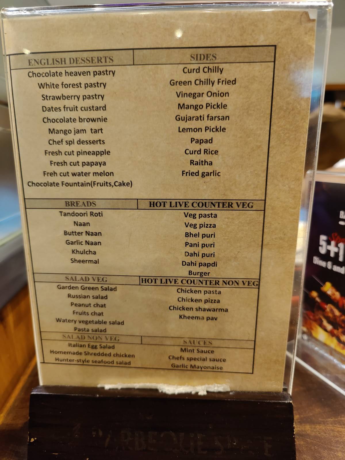 Menu at Barbeque Spice, Hyderabad