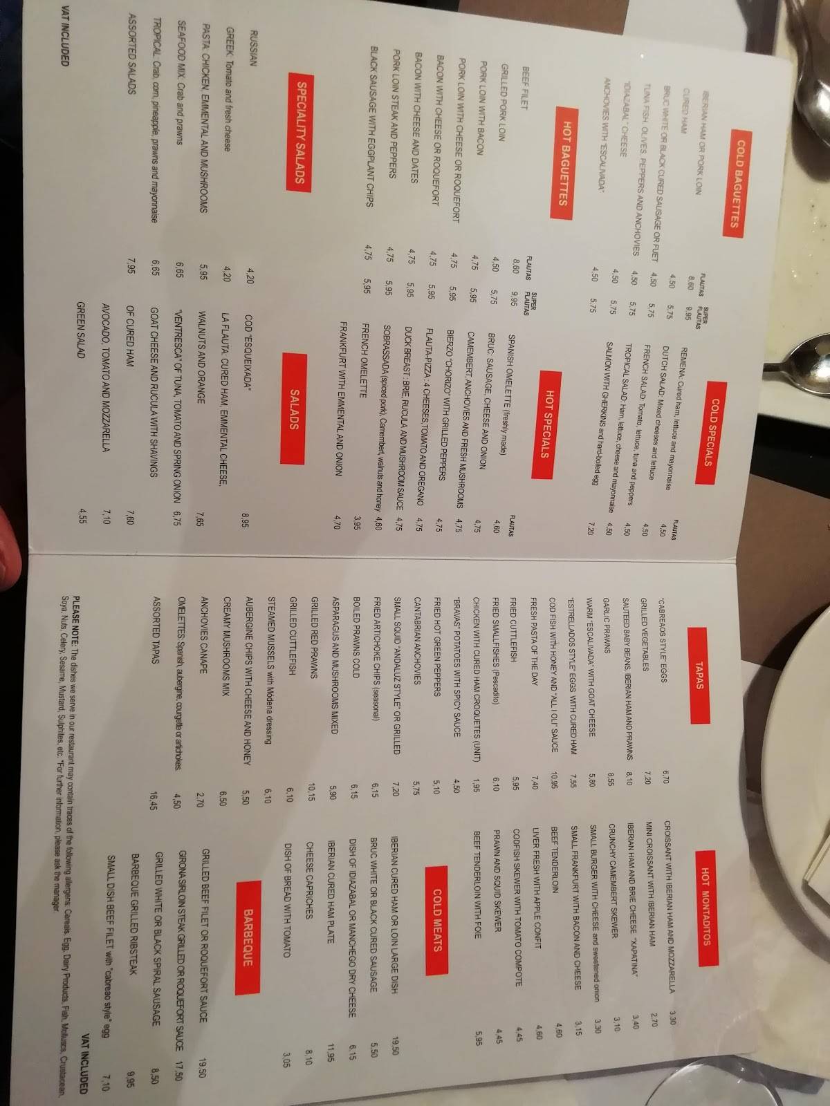 Carta del restaurante La Flauta, Barcelona, Carrer d'Aribau