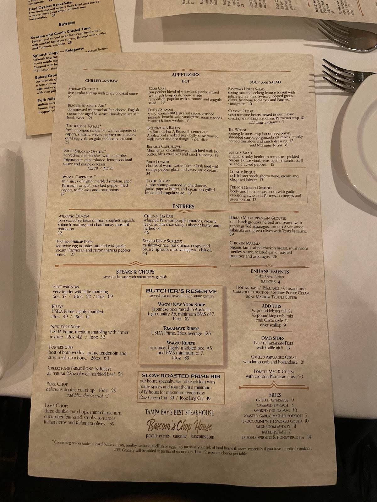 Menu at Chop House steakhouse, Clearwater, Ulmerton Rd