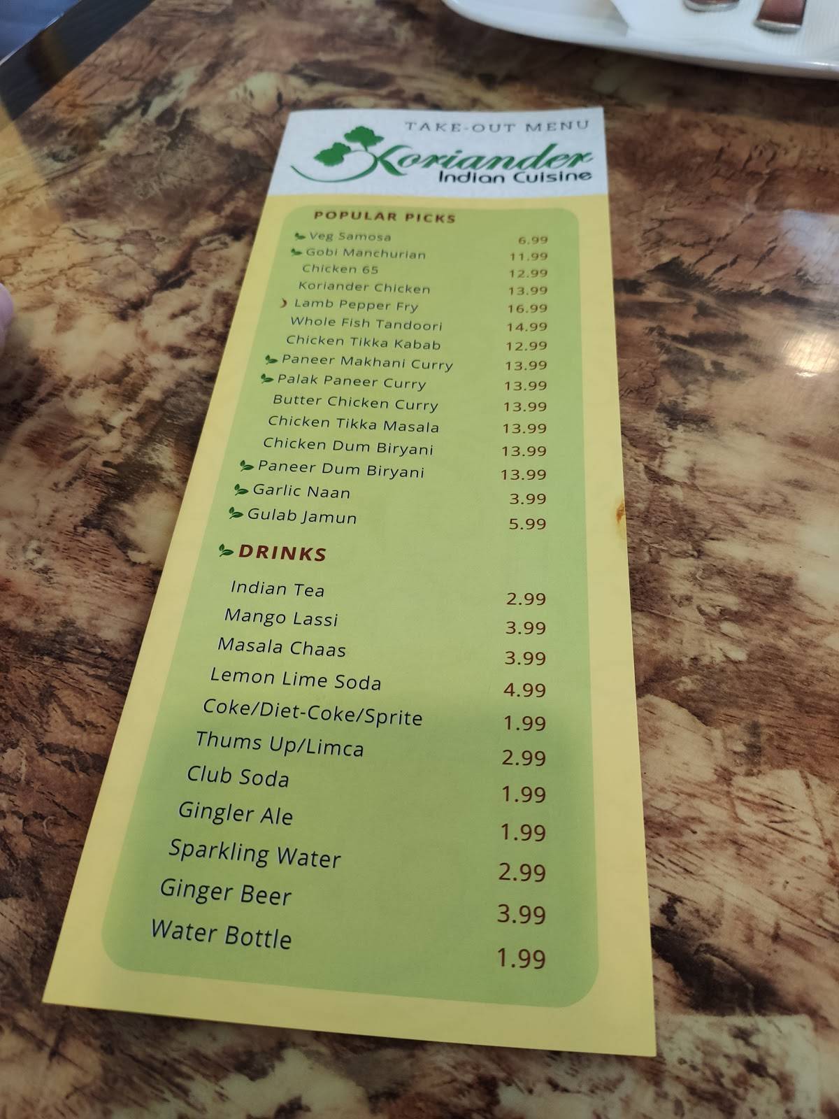 Menu at Koriander Indian Cuisine restaurant, Belmont