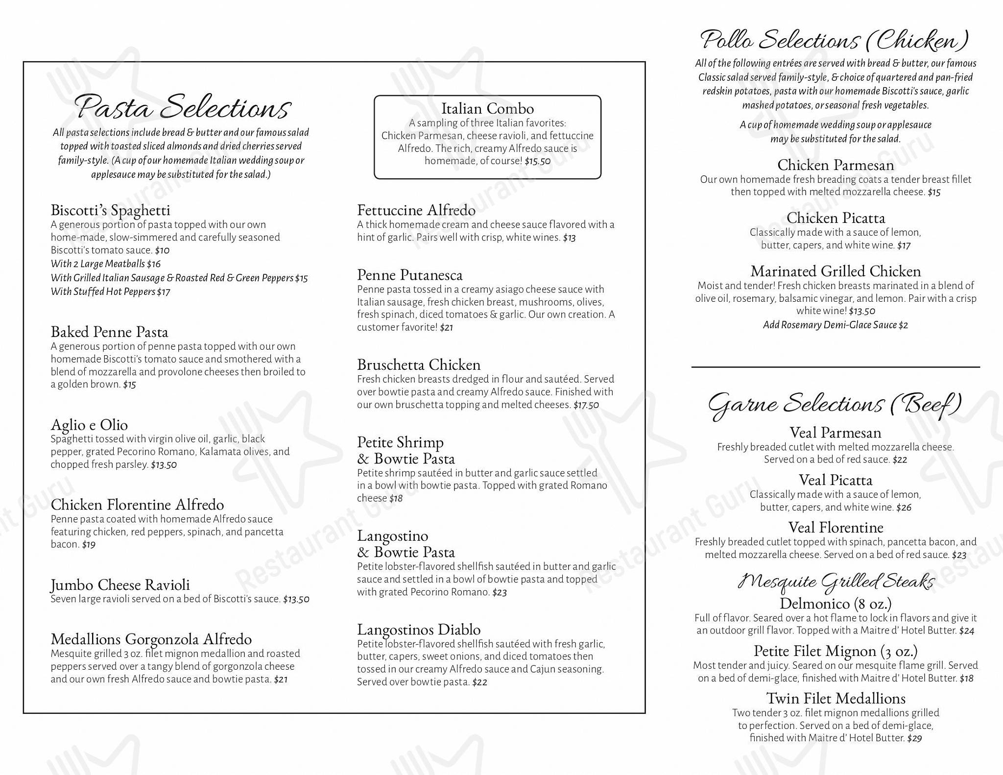 Menu at Biscotti's Restaurant, Conneaut