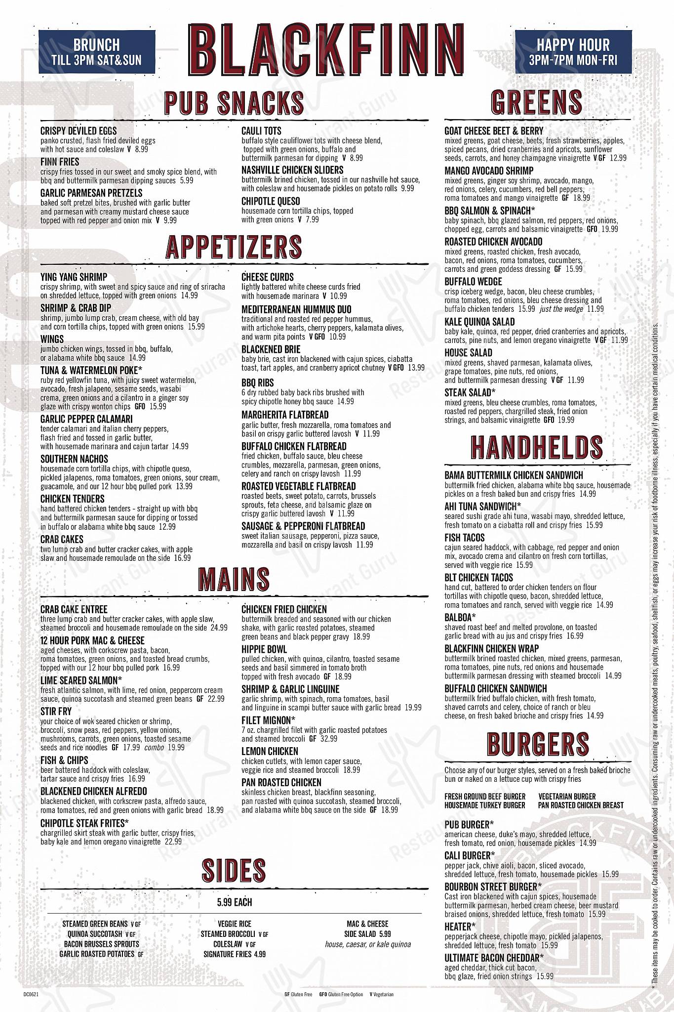 Menu at Blackfinn DC pub & bar, Washington, I St NW