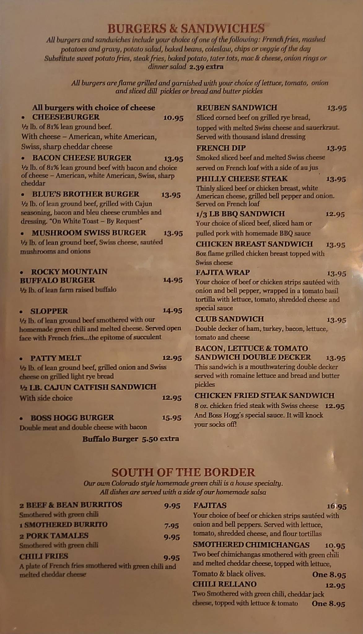 Menu at Boss Hogg's Restaurant & Saloon, Pagosa Springs