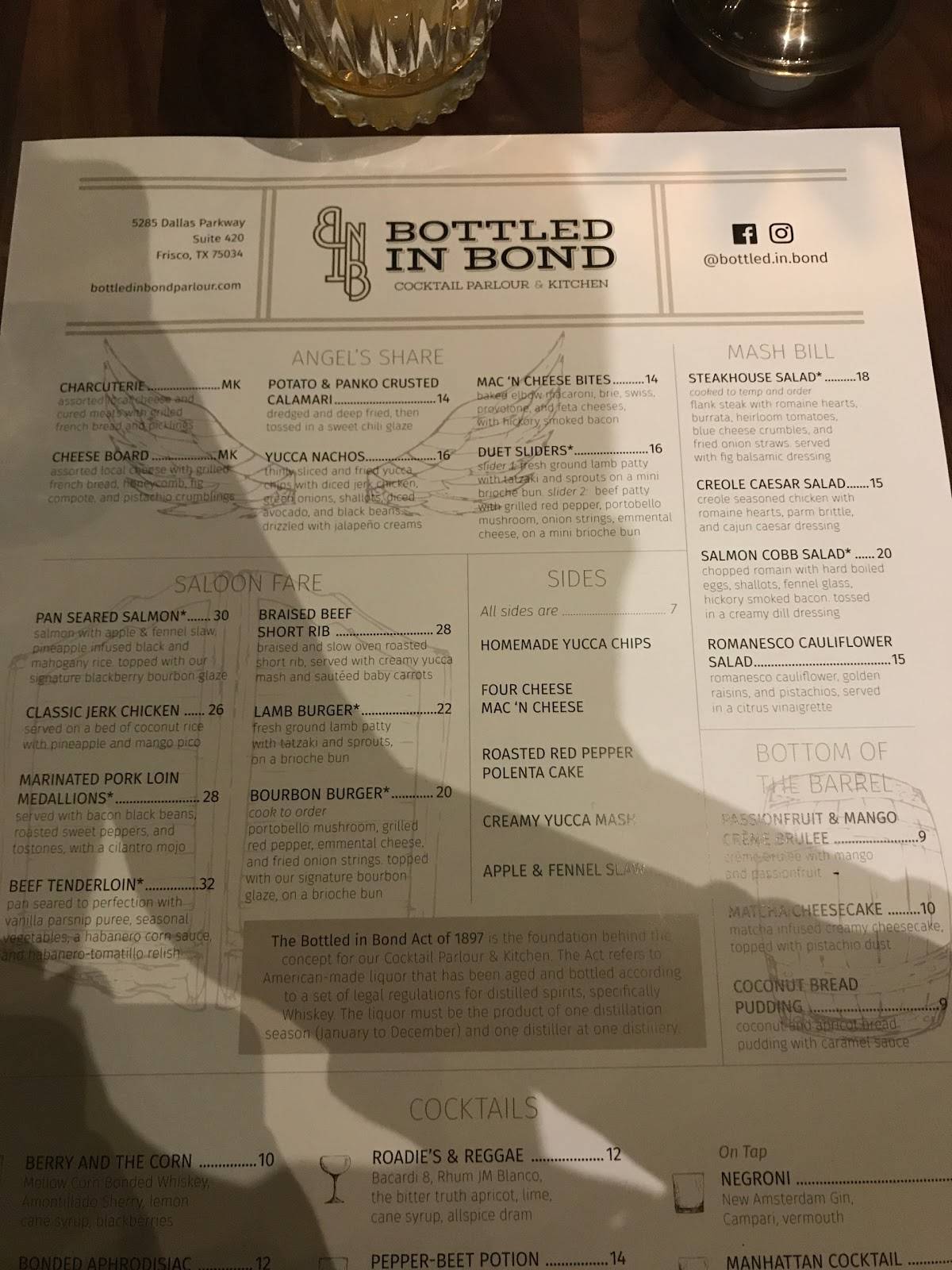 Menu at Bottled in Bond Cocktail Parlour & Kitchen pub & bar, Frisco