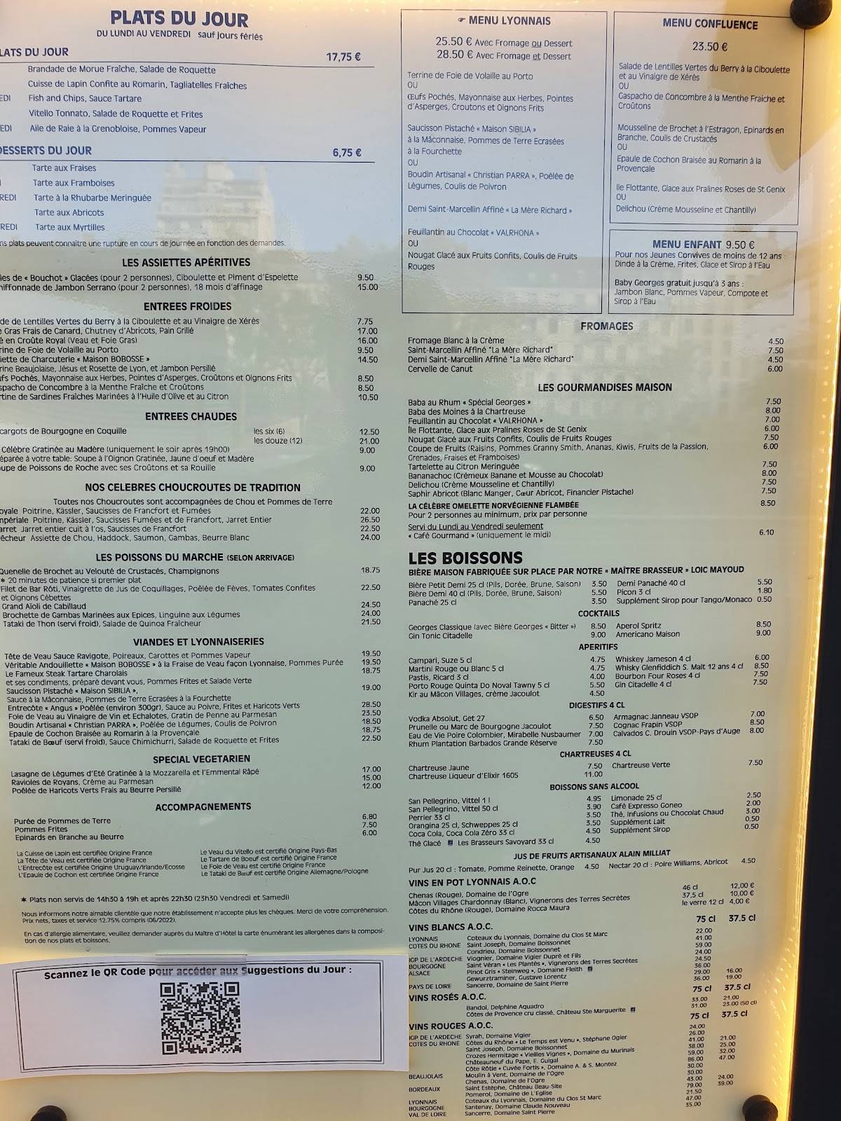 Menu au Brasserie restaurant, Lyon