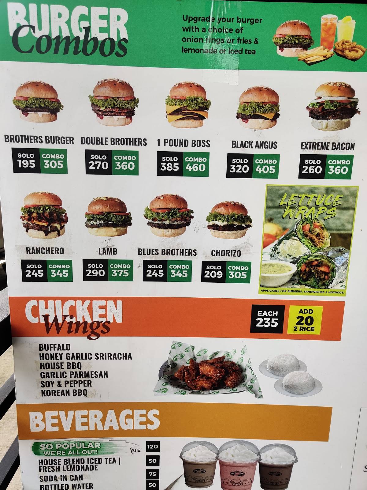 Menu at Brothers Burger Caltex SLEX Biñan restaurant, Biñan
