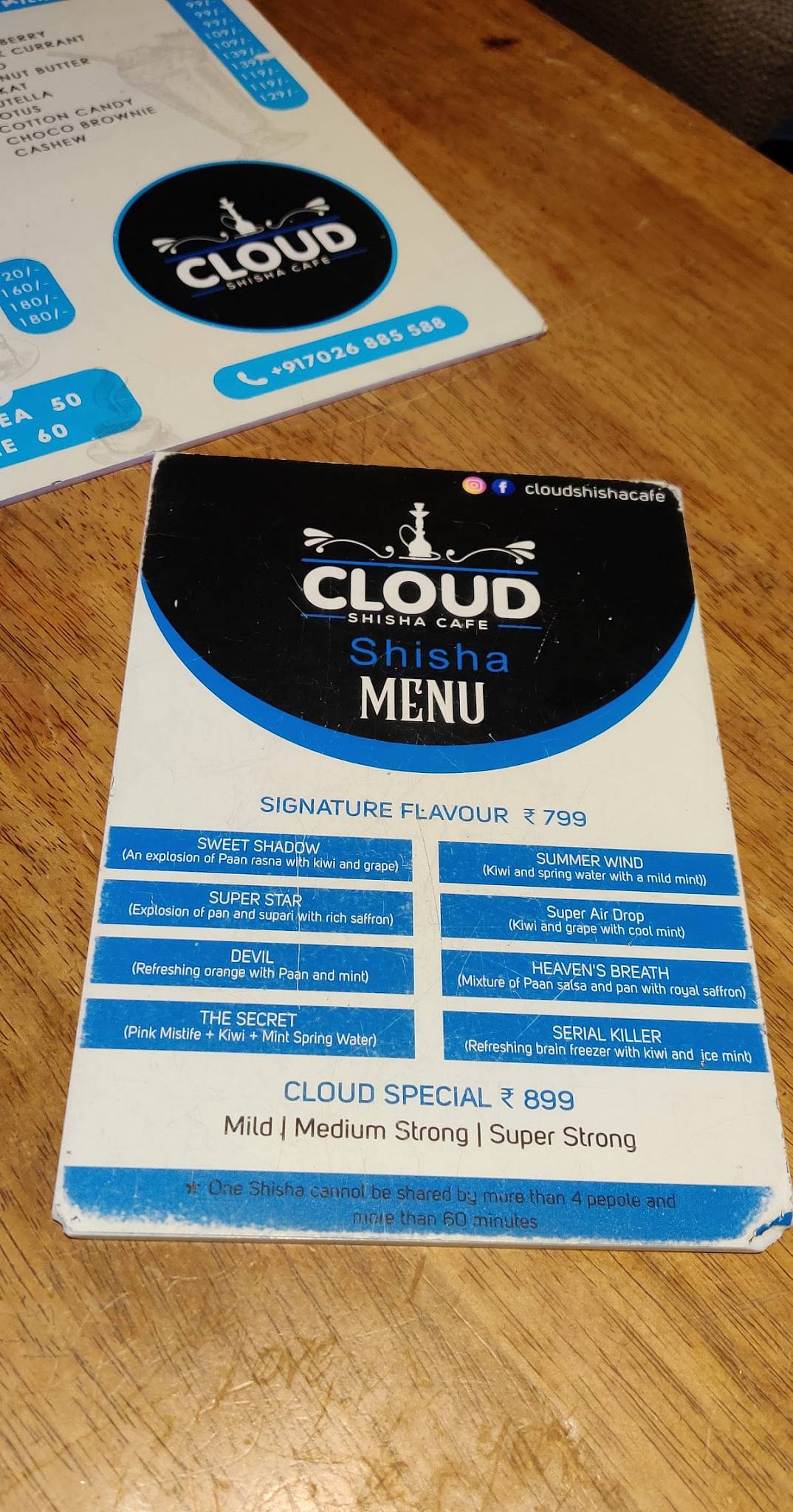 Menu at Cloud Shisha Cafe, Mangaluru