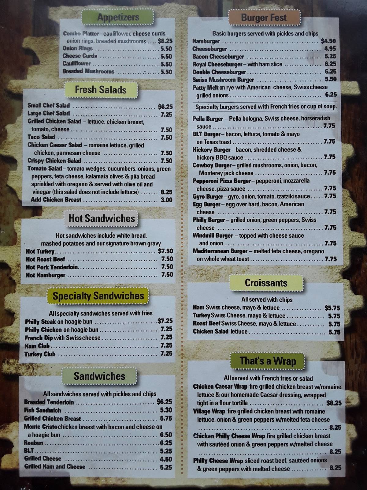 Menu at Windmill Cafe, Pella