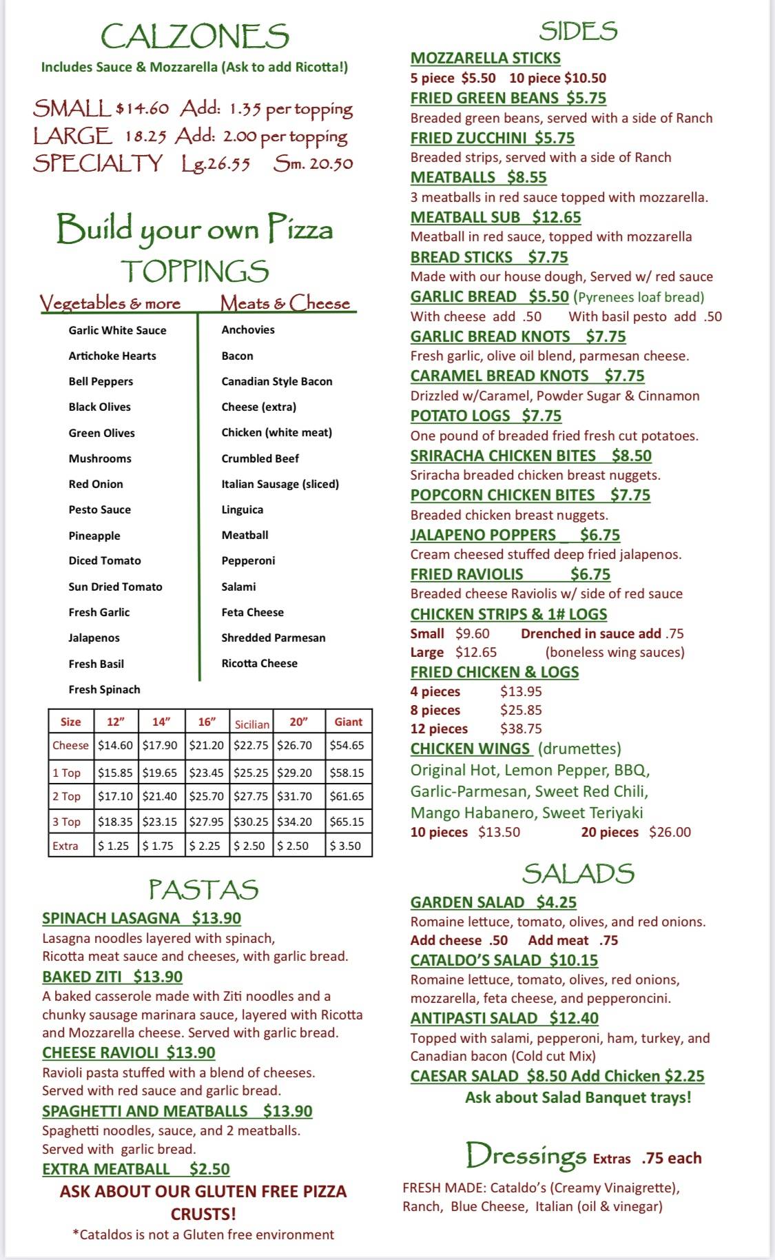 Menu At Cataldo's Pizzeria Riverwalk, Bakersfield, Stockdale Hwy