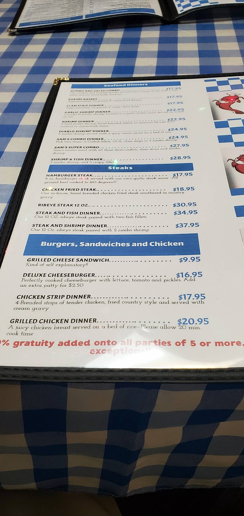 Menu at Catfish Sam's restaurant, Arlington