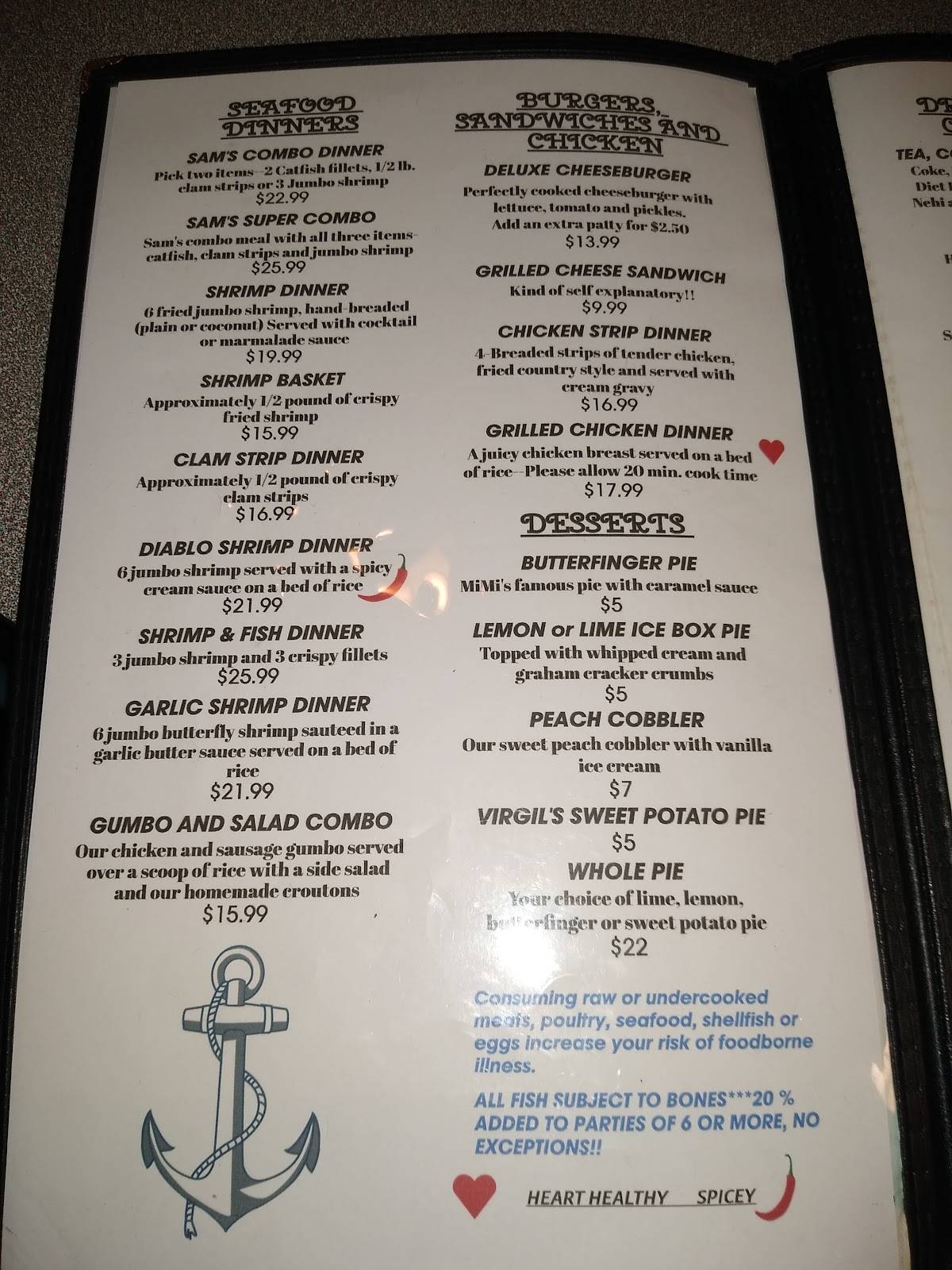 Menu at Catfish Sam's restaurant, Arlington