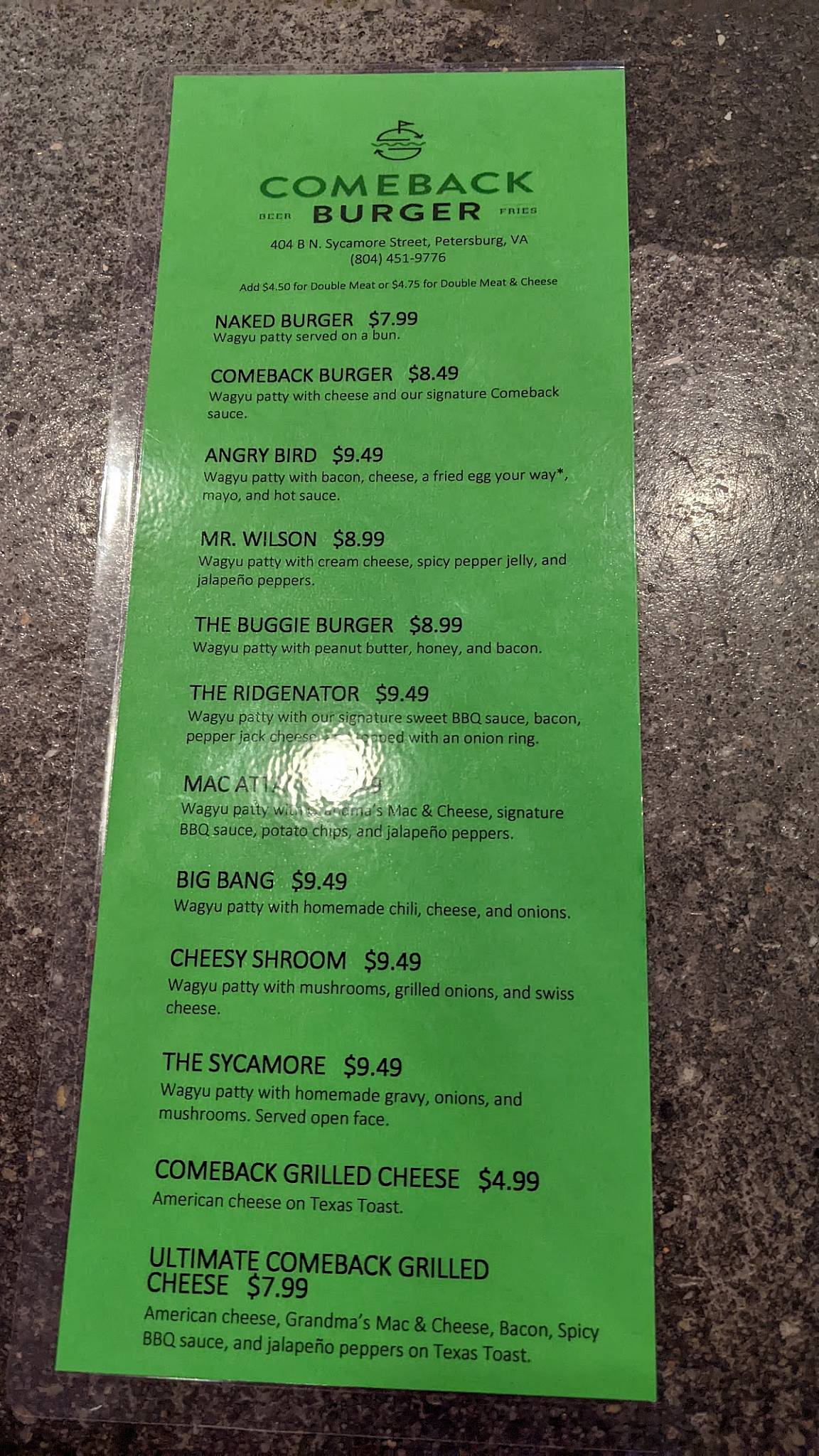 Menu at Comeback Burger restaurant, Petersburg