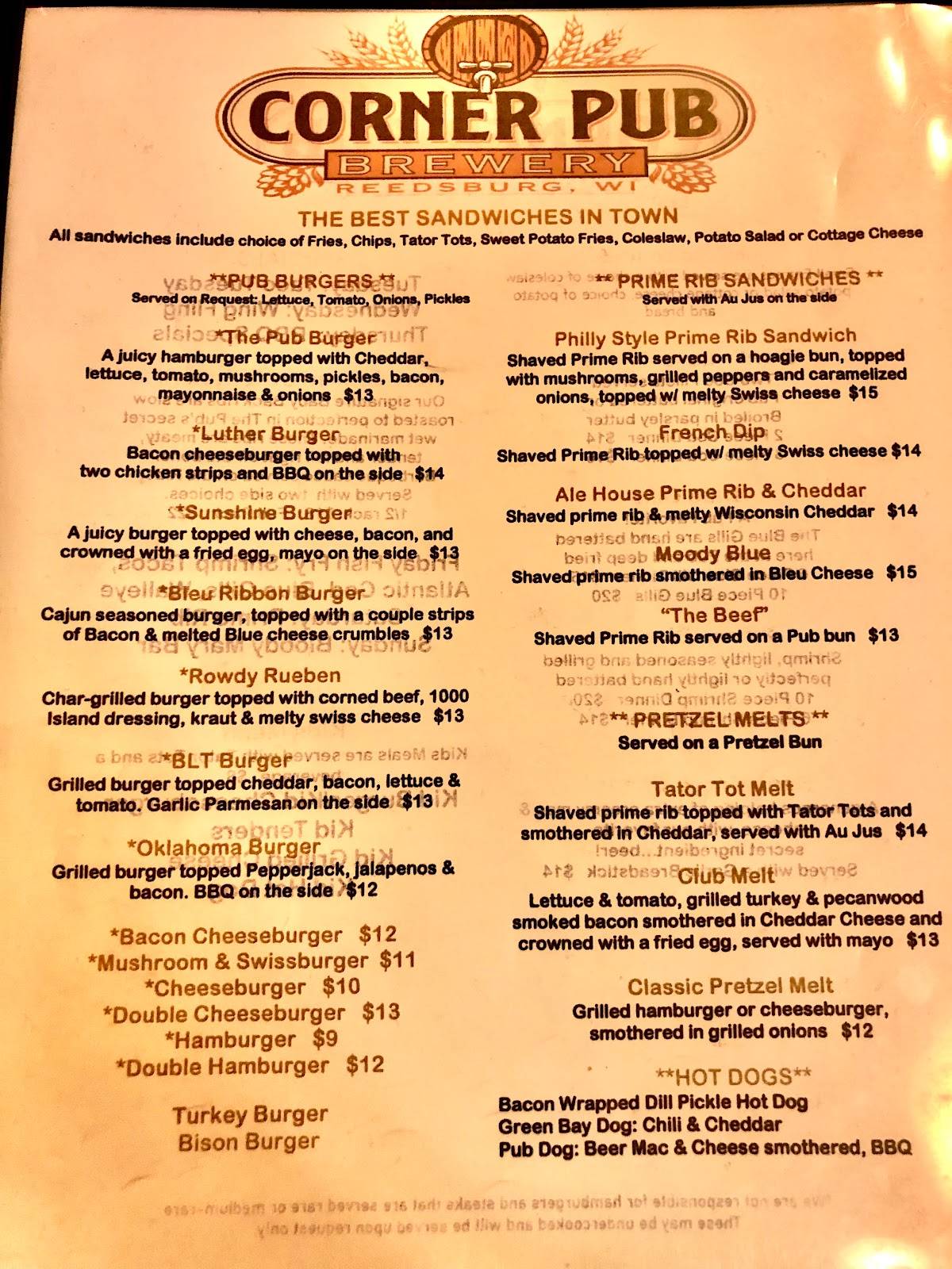 Menu at Corner Pub Brewery, Reedsburg