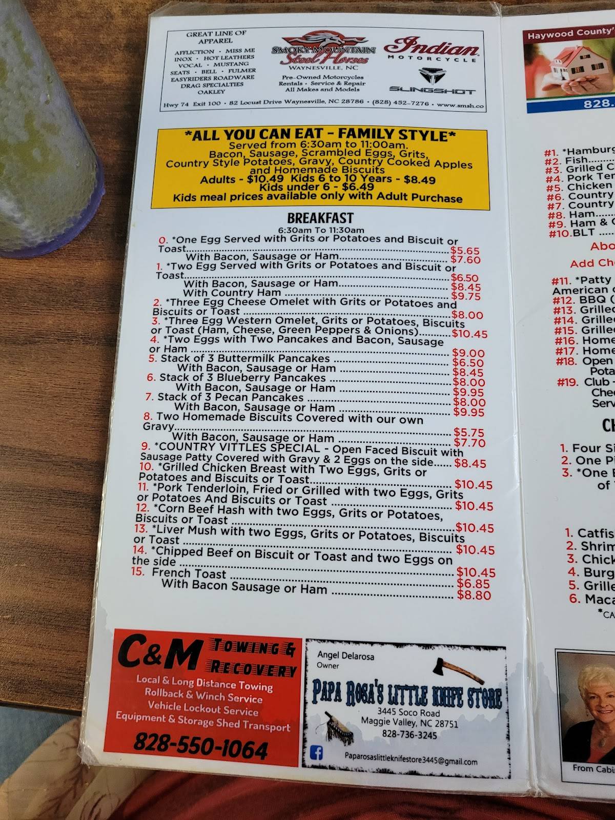 Menu at Country Vittles Family Style Restaurant, Maggie Valley