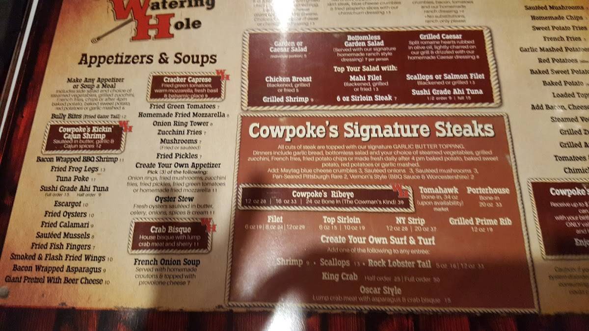 Menu at Cowpoke's Watering Hole steakhouse, Sebring, US Hwy 27 S