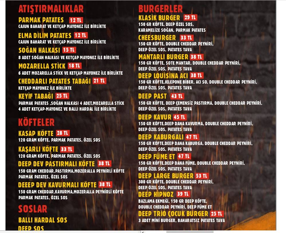 Menu at DEEP BURGER, Istanbul