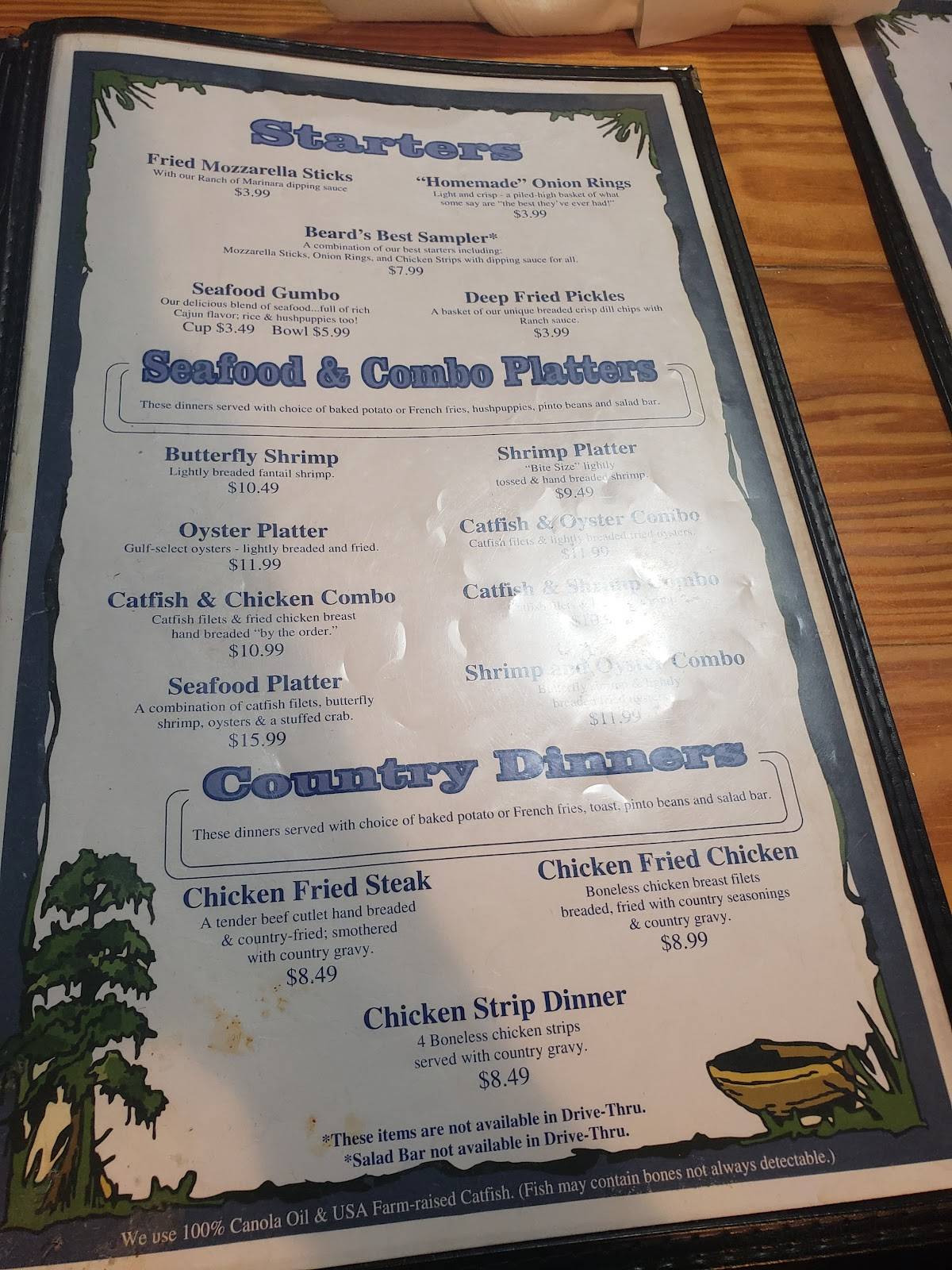 Menu at David Beard's Catfish King restaurant, Livingston, US59 Loop N
