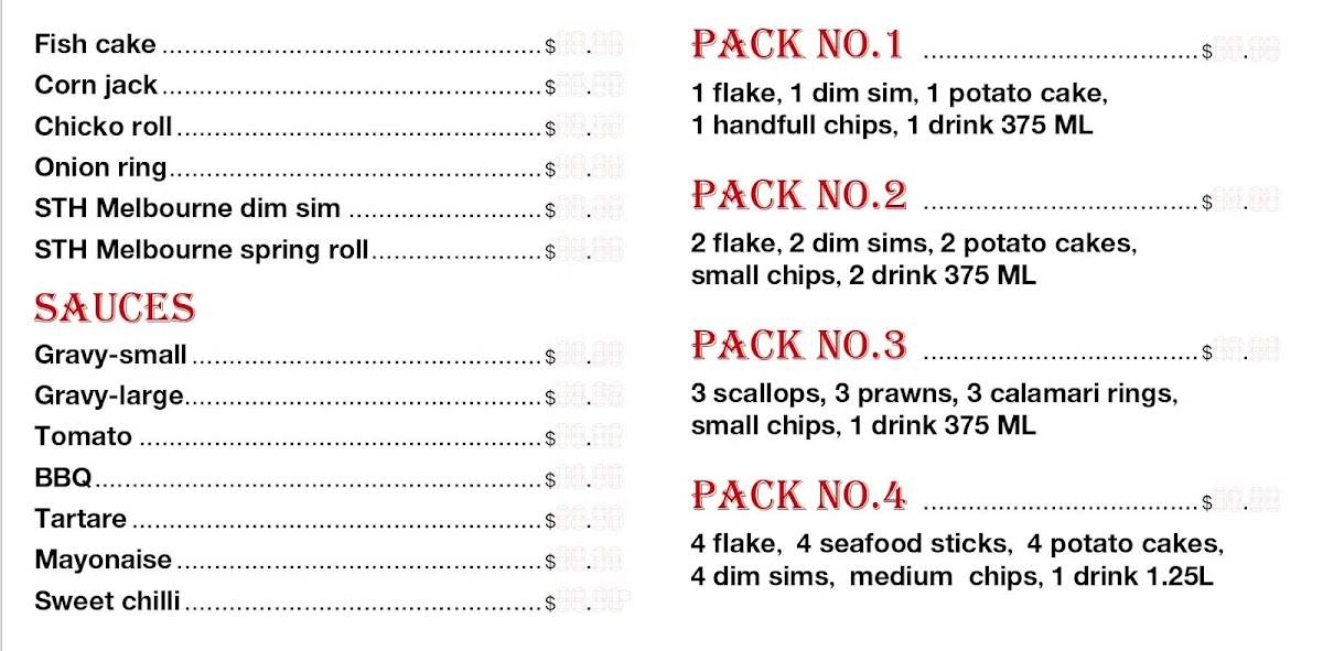 Menu at Dorothy Street Take Away fast food, Leopold