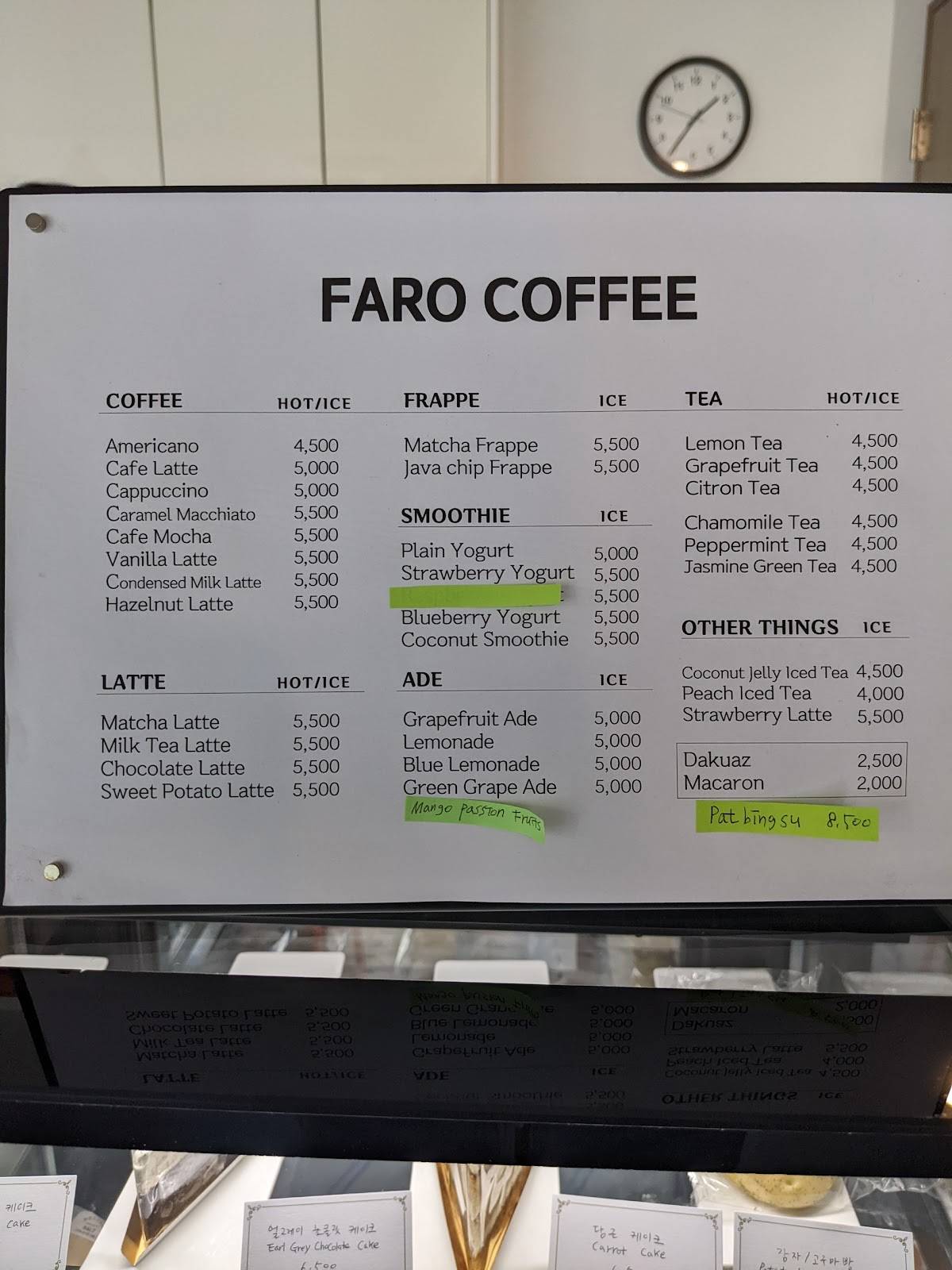 Menu at FARO COFFEE, Busan