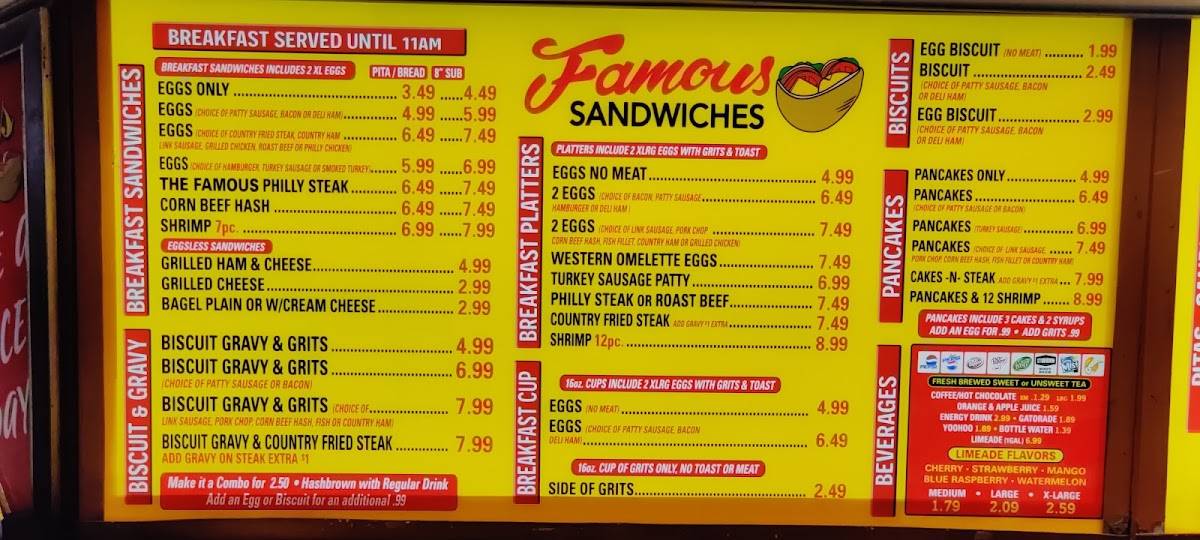 Menu at Famous Sandwiches restaurant, Jacksonville, Cassat Ave