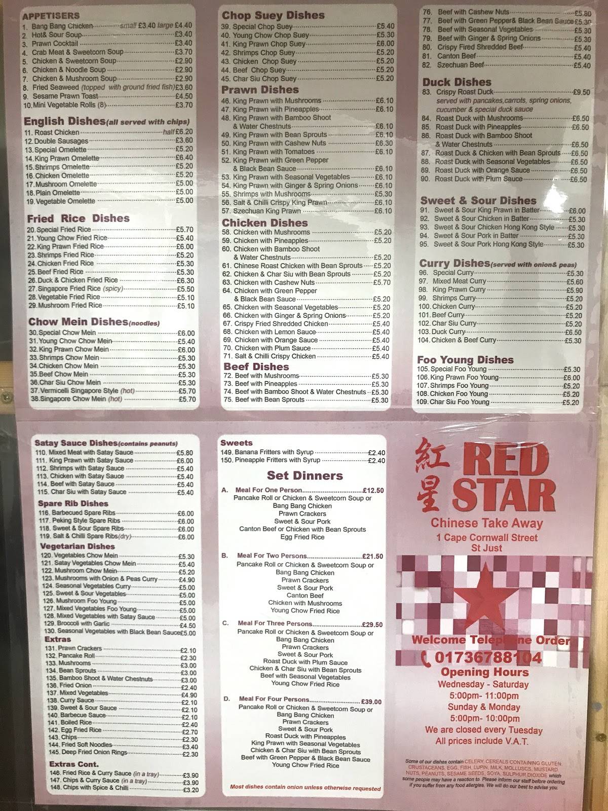 Menu at Red Star fast food, Pendeen