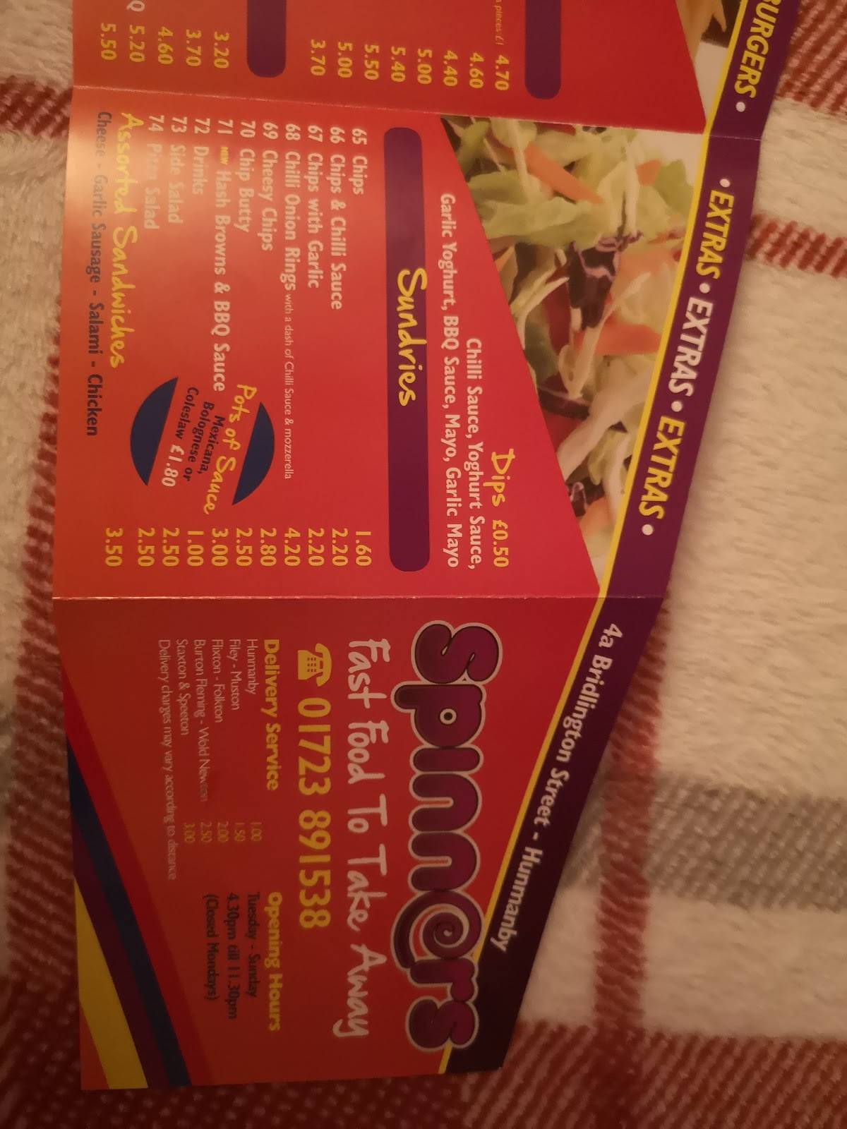 Menu at Spinners fast food, Filey
