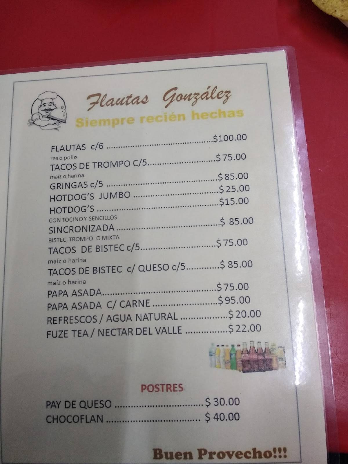Carta del restaurante Flautas González, Reynosa