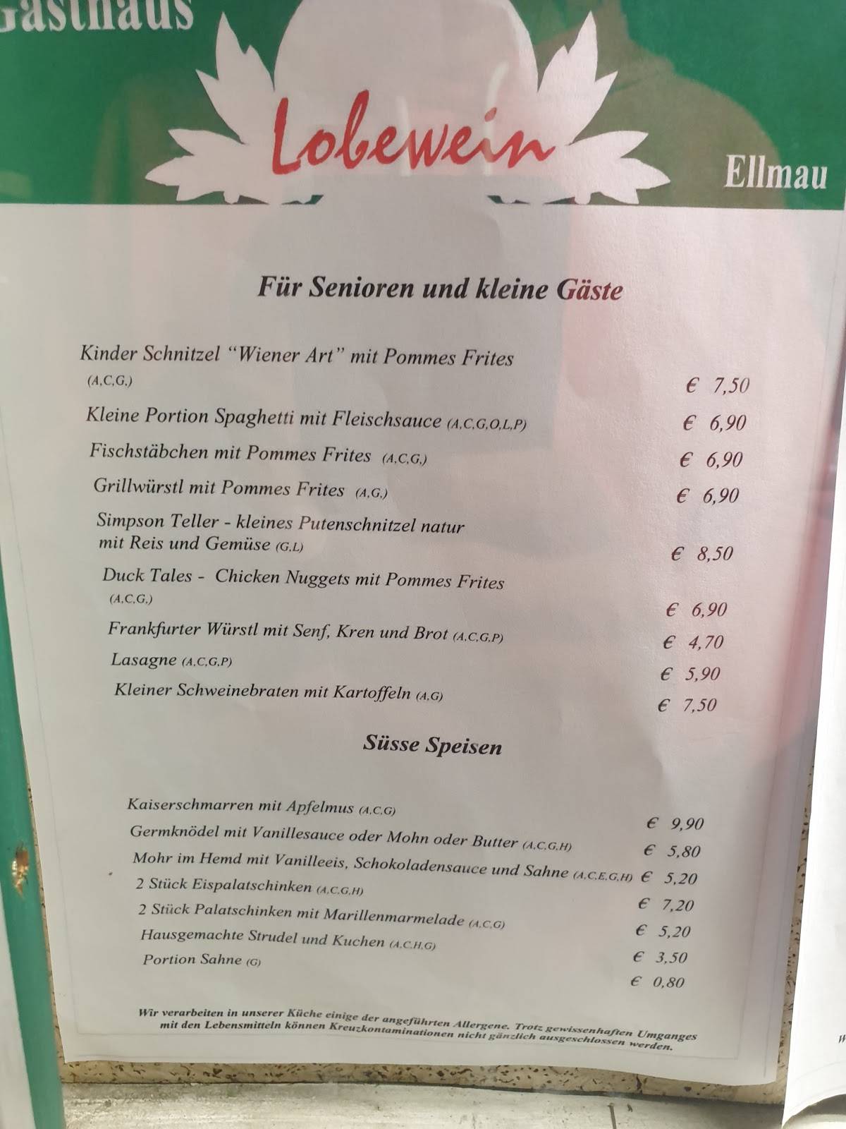 Hotel Der Bär Ellmau Speisekarte Speisekarte von Gasthaus Lobewein restaurant, Ellmau